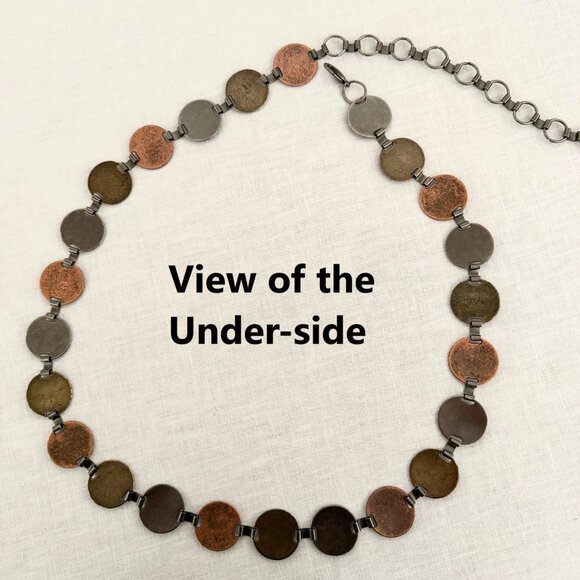 Vintage Hammered Metal Disc Chain Belt Adjustable Length Bronze & Silver Tones - Picture 8 of 11